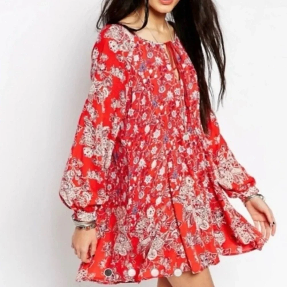 Free People Lucky Loosey Mini Dress Blood Orange Combo Boho Size Medium ZZ12 NEW